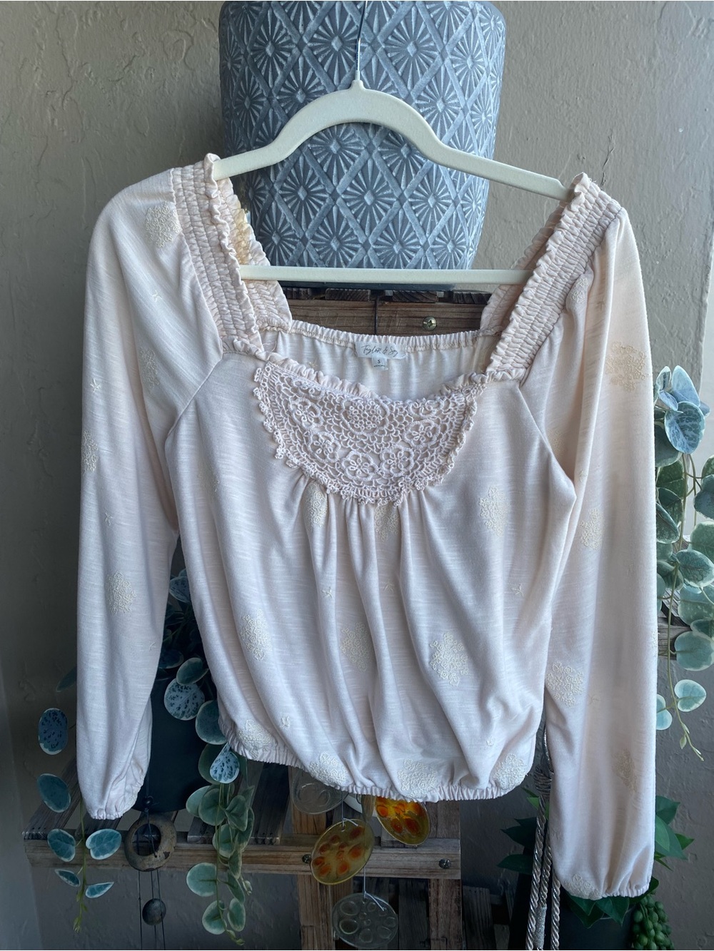 Women’s Cream Long-Sleeve Crochet Detail Top Size Med.